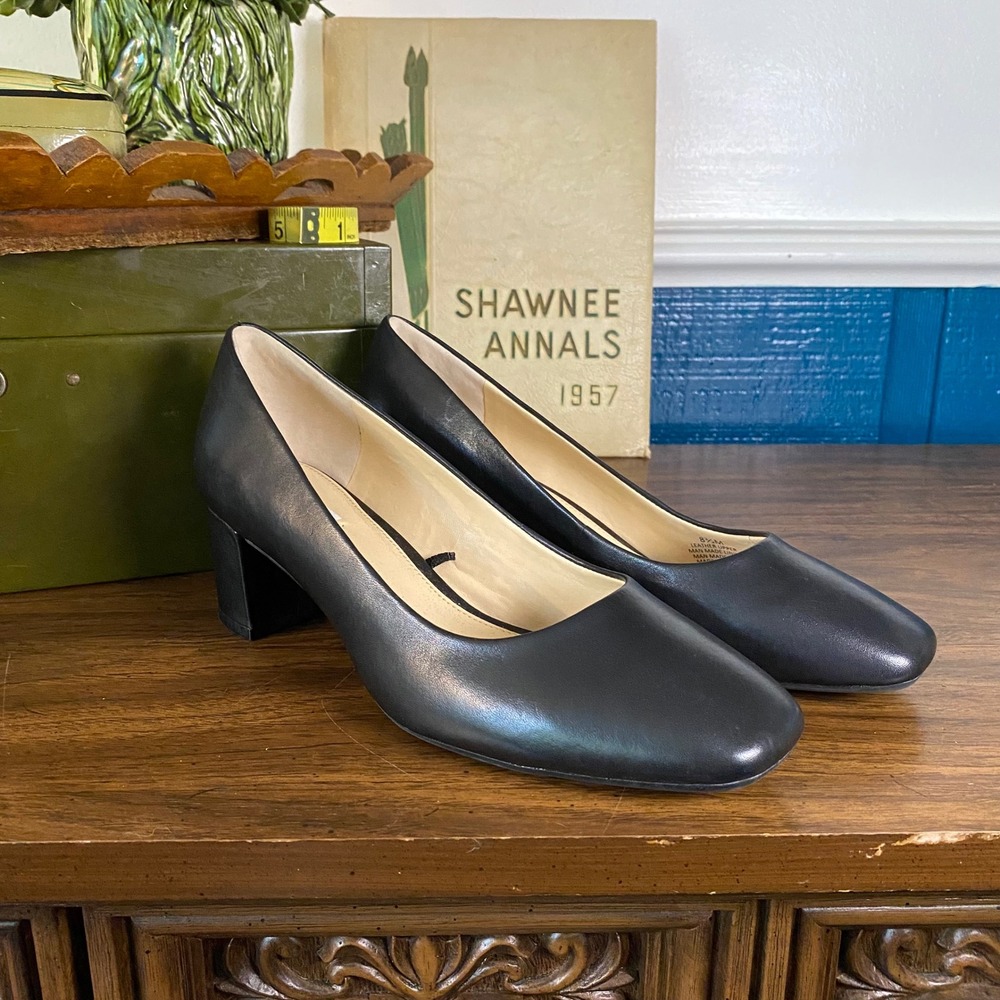 Black Leather Block Heel Pumps Square Toe Professional Womens 8.5M